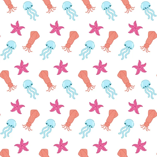 Sea animals jellyfish, squid, starfish. Seamless pattern on white. Cute flat vector illustration. Texture for print, fabric, textile, wallpaper. — Stock Vector