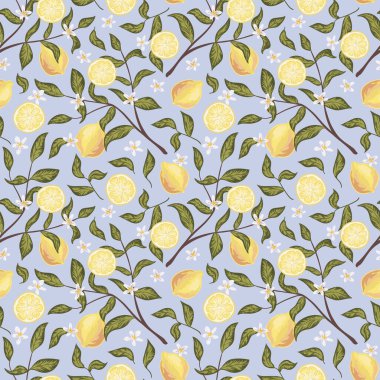 Limonlu, çiçekli ve dallı güzel, pürüzsüz bir desen. Renkli el çizimi vektör çizimi. Baskı, kumaş, tekstil, duvar kağıdı dokusu.