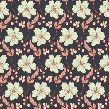 Çiçeksiz desen. Dalları, yaprakları ve çiçekleri olan güzel botanik yineleme dokusu. Baskı için, kumaş, tekstil, duvar kağıdı yumuşak renklerde. Sanat tarzında el çizimi mürekkep çizimi