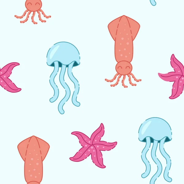 Sea Animals Jellyfish Squid Starfish Seamless Pattern Cute Flat Vector — Stock Vector