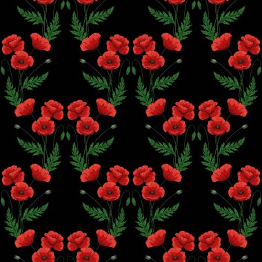Kırmızı gelincik çiçekleriyle kusursuz desen. Papaver. Yeşil saplar ve yapraklar. El çizimi vektör çizimi. Siyah arkaplanda