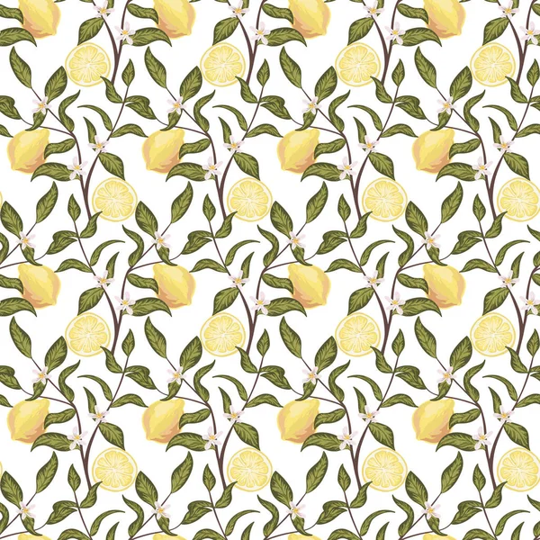 Beautiful Seamless Pattern Lemons Flowers Branch Colorful Hand Drawn Vector — Stock Vector