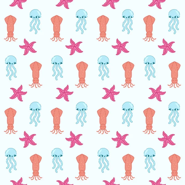 海洋动物水母 海星无缝图案 可爱的平面矢量插图 印刷品 纺织品壁纸用织物 — 图库矢量图片