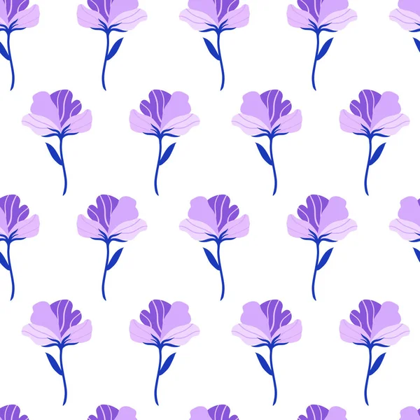 Sömlöst mönster med söt violett platt blomma. Handritad vektor illustration på vit bakgrund. Textur för tryck, tyg, textil, tapet. — Stock vektor