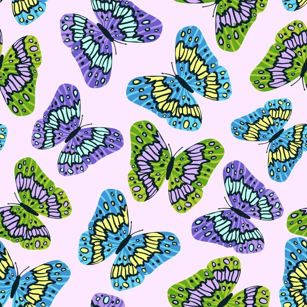 Seamless pattern with colorful butterflies in flat modern style. Hand drawn vector illustration for background. Texture for print, fabric, textile, wallpaper. — Stock Vector