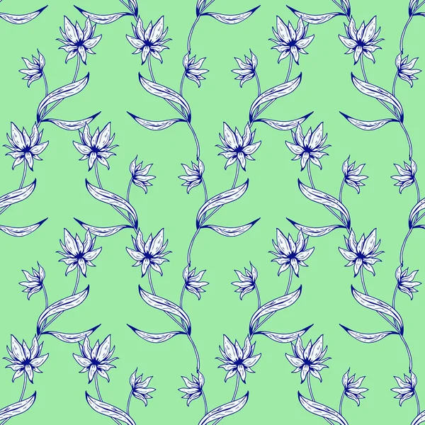 Patrón sin costura floral. Hermosa textura botánica repetida con ramas, hojas y flores para imprimir, tela, textil, papel pintado en colores suaves. Ilustración de tinta dibujada a mano en estilo de arte lineal. — Vector de stock