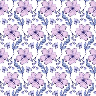 Çiçeksiz desen. Dalları, yaprakları ve çiçekleri olan güzel botanik yineleme dokusu. Baskı için, kumaş, tekstil, duvar kağıdı yumuşak renklerde. Sanat tarzında el çizimi mürekkep çizimi.