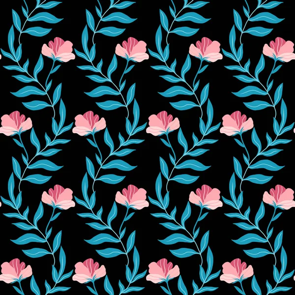 Patrón sin costuras con lindas flores planas de color rosa y hojas. Ilustración vectorial dibujada a mano sobre fondo negro. Textura para imprimir, tela, textil, papel pintado. — Vector de stock