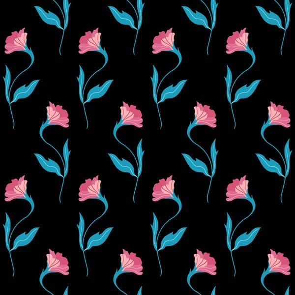 Seamless pattern with cute flat flower. Hand drawn vector illustration on black background. Texture for print, fabric, textile, wallpaper. — Stock Vector