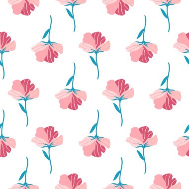 Pembe düz çiçekli pürüzsüz desen. Beyaz arka planda el çizimi vektör çizimi. Baskı, kumaş, tekstil, duvar kağıdı dokusu.