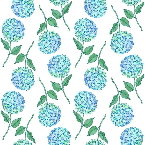 Patrón sin costura flor de hortensias. Pétalos azules verdes, tallo y hojas en blanco. Textura vectorial para impresión, tela, textil, papel pintado. — Vector de stock