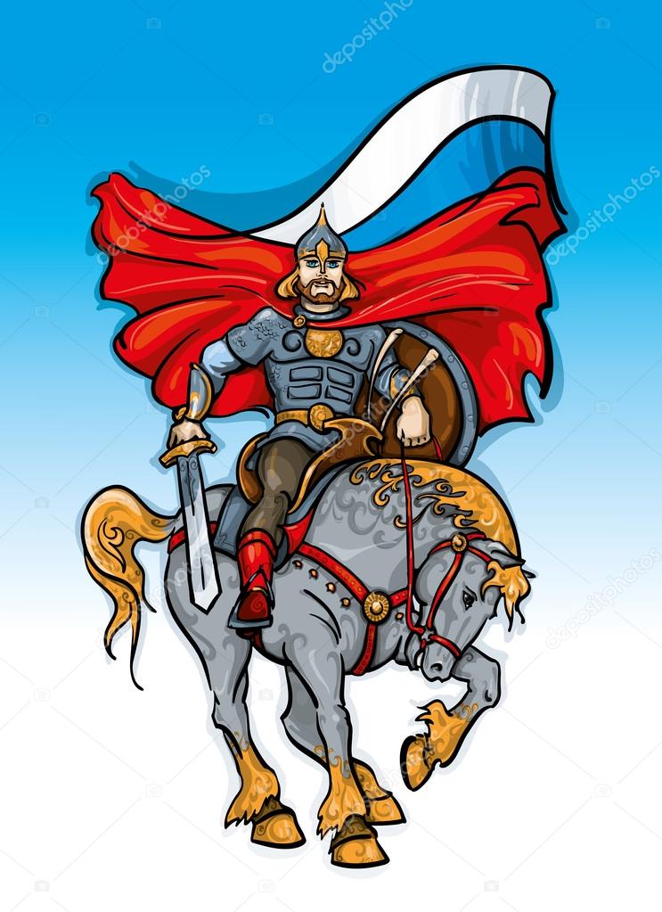 Russian warrior in armor on a horse on the background