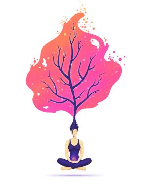 Nilüfer çiçekli meditasyon yapan kadın. Zihin çalışma ağacı. Bilinç anlayışı