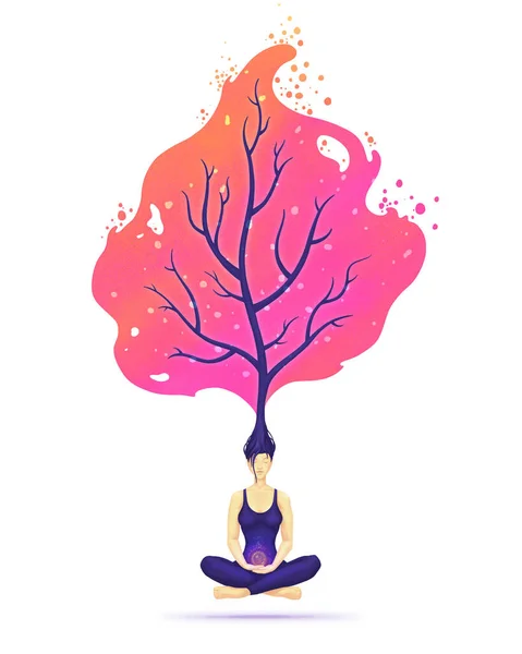 蓮のポーズで瞑想の女性 マインド ワーク ツリー 意識の洞察 — ストック写真