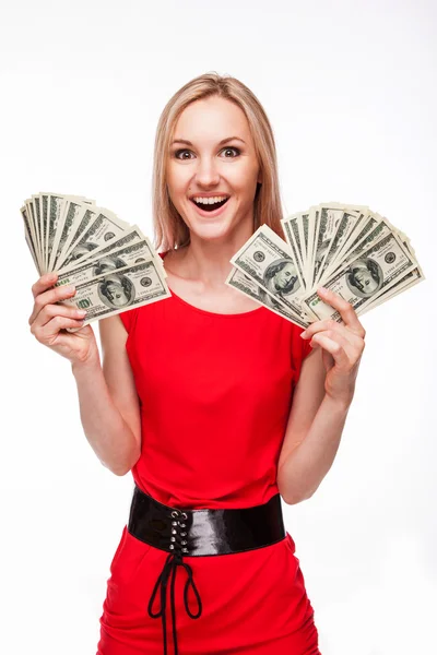 Woman holding dollar bills — Stock Photo, Image