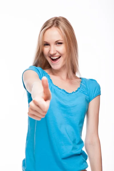 Sonriente mujer pulgar hacia arriba mostrar — Foto de Stock