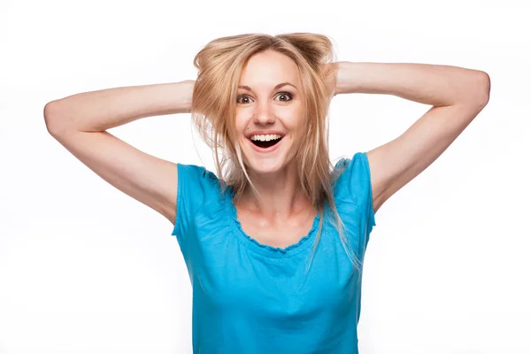 Mujer sorprendida cara sobre blanco — Foto de Stock