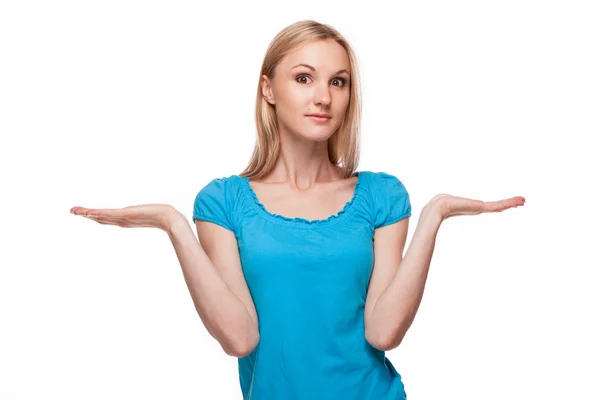 Young woman holding up her hand — Stock Photo, Image