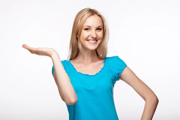 Young woman holding up her hand — Stock Photo, Image