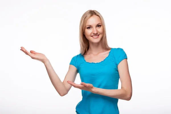 Young woman holding up her hand — Stock Photo, Image
