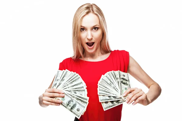 Woman holding dollar bills — Stock Photo, Image