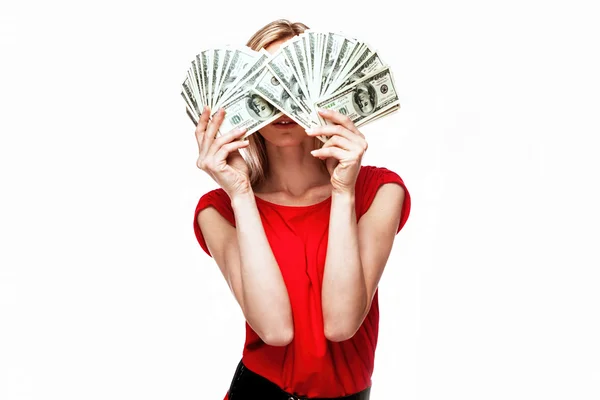 Woman holding dollar bills Royalty Free Stock Photos