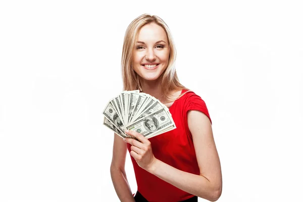 Woman holding dollar bills Royalty Free Stock Photos