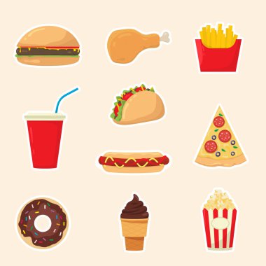 Fast Food Set. Çizgi film tarzında fast food simgelerinin vektör koleksiyonu. 