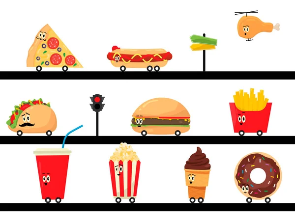 Çizgi Film Tarzında Tekerlekleri Olan Fast Food Ikonları — Stok Vektör