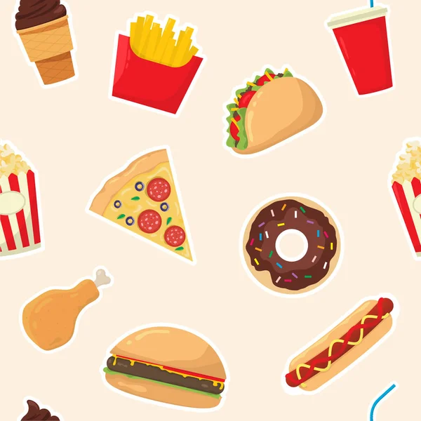 Fast Food Set. Seamless pattern of fast food icons in cartoon style. 