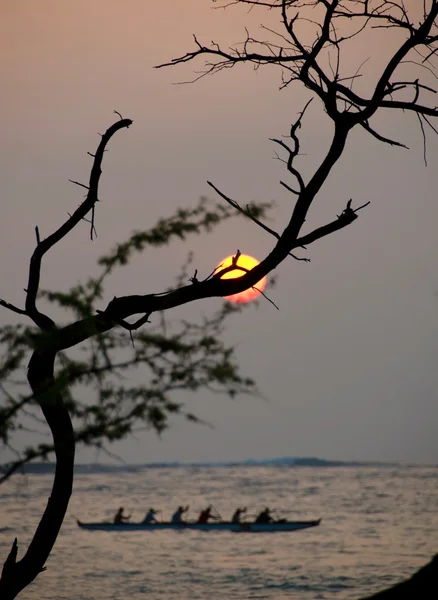 Pôr do sol tardio destaca passeio outrigger na praia de Anaeho 'omalu — Fotografia de Stock