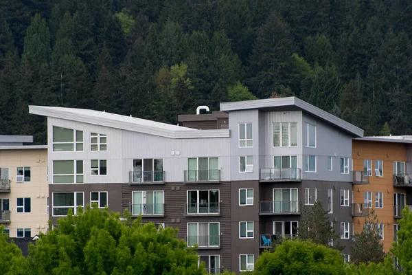 Edifício Apartamentos Rodeado Por Colinas Cobertas Por Árvores Verdes Redmond — Fotografia de Stock