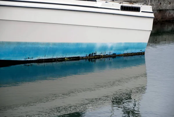 Reflexões Barco Pesca Branco Azul Ancorado Westhaven Cove Grays Harbor — Fotografia de Stock