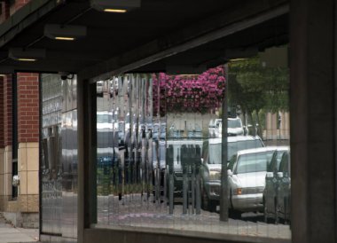 Petunya sepetlerinin yansımaları Batı penceresine park edilmiş arabaların reklamlarını yapıyor. 