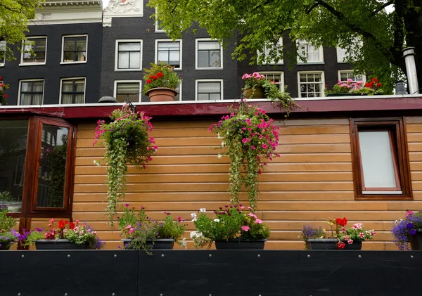 Корзины с цветами в лодочном домике в Амстердаме — стоковое фото