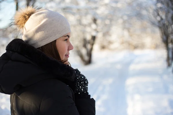 Back view of young woman walking in winter forest — Stock Photo, Image