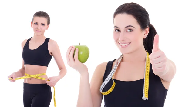 Young attractive sporty women with measuring tape isolated on wh — Stock Photo, Image