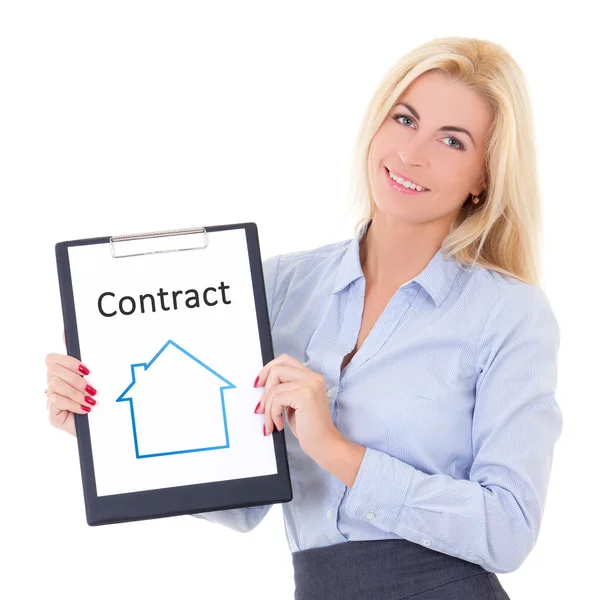 Young business woman real estate agent showing clipboard with co — Stock Photo, Image