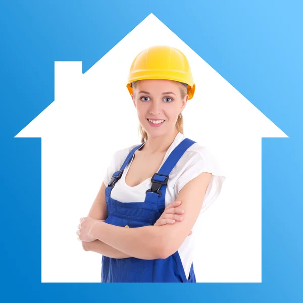Portrait of young woman in blue builder uniform — Stock Photo, Image