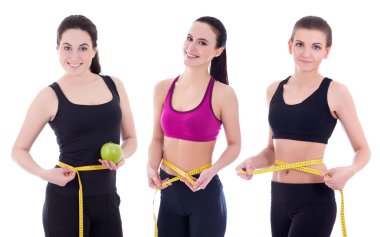 Güzel ince sportif kadın üzerinde beyaz izole ölçü bandı ile
