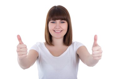 genç güzel artı boyutu kadın başparmak yukarıya üstünde izole beyaz