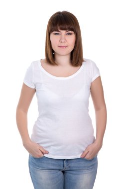 mutlu artı boyutu kadın boş beyaz t-shirt üzerinde beyaz izole