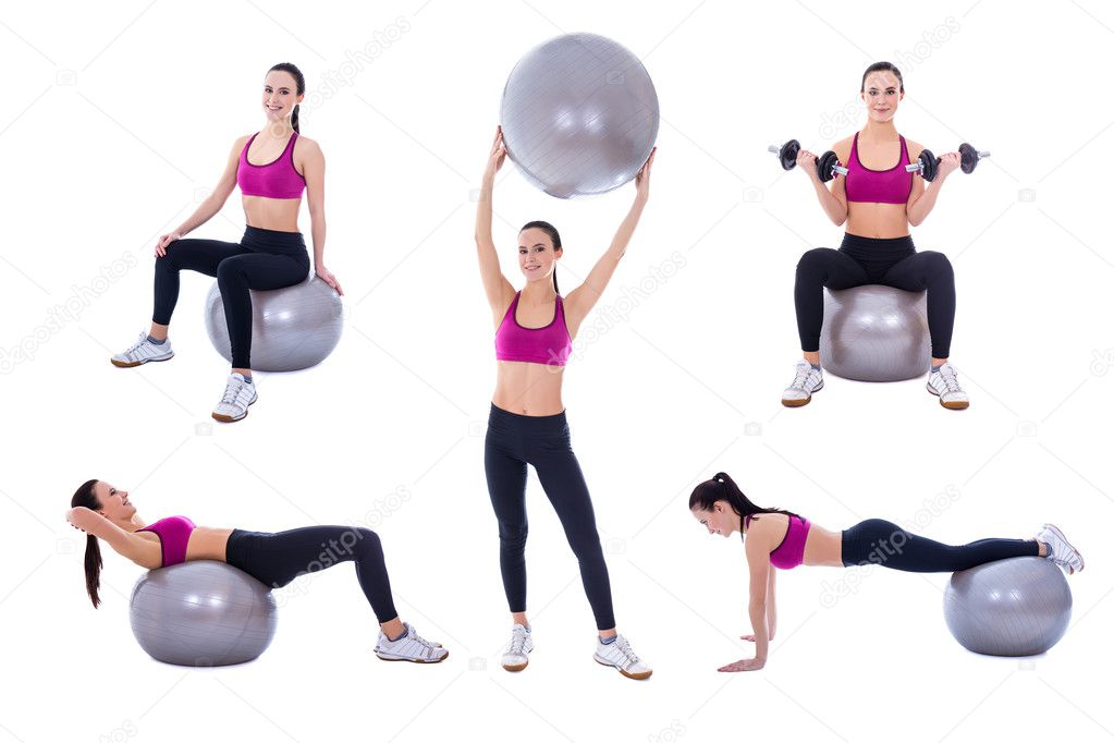 slim woman in sports wear doing exercises with fitness ball isol