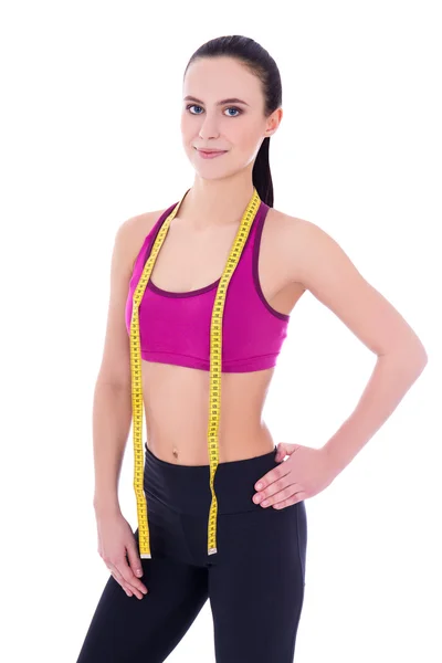 Diet and weight loss concept - beautiful slim woman with measure — Stock Photo, Image