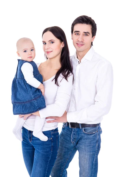 Retrato de família - pais jovens felizes com pequena filha isola — Fotografia de Stock