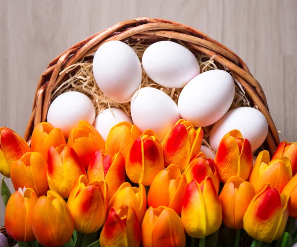 Easter concept - close up of white eggs and tulips in basket on — Stock Photo, Image