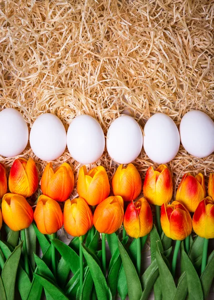 Close up of Easter eggs and orange flowers — Stock Photo, Image