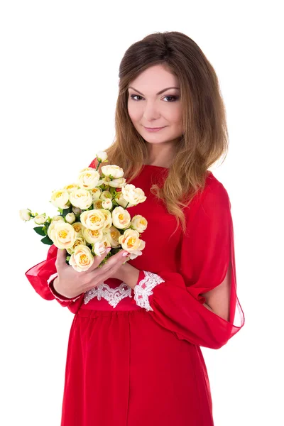 Young gorgeous woman in red dress with flowers isolated on white — Stock Photo, Image