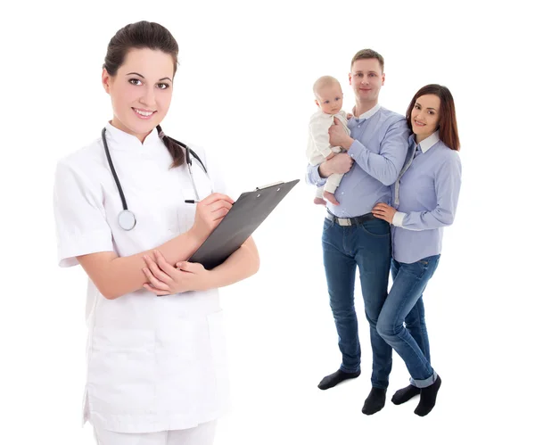 Young female doctor and happy family with child isolated on whit — Stock Photo, Image