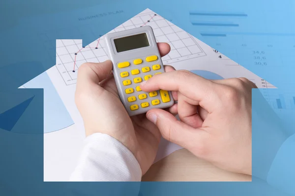 Real estate concept - male hands accounting something with calcu — Stock Photo, Image